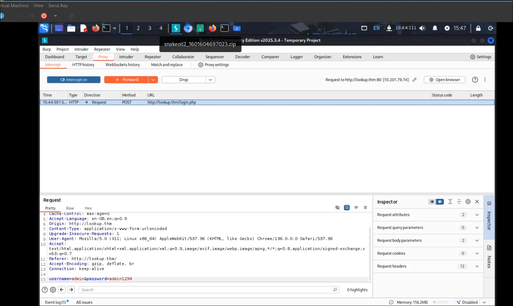 Burp intercepts login.php request